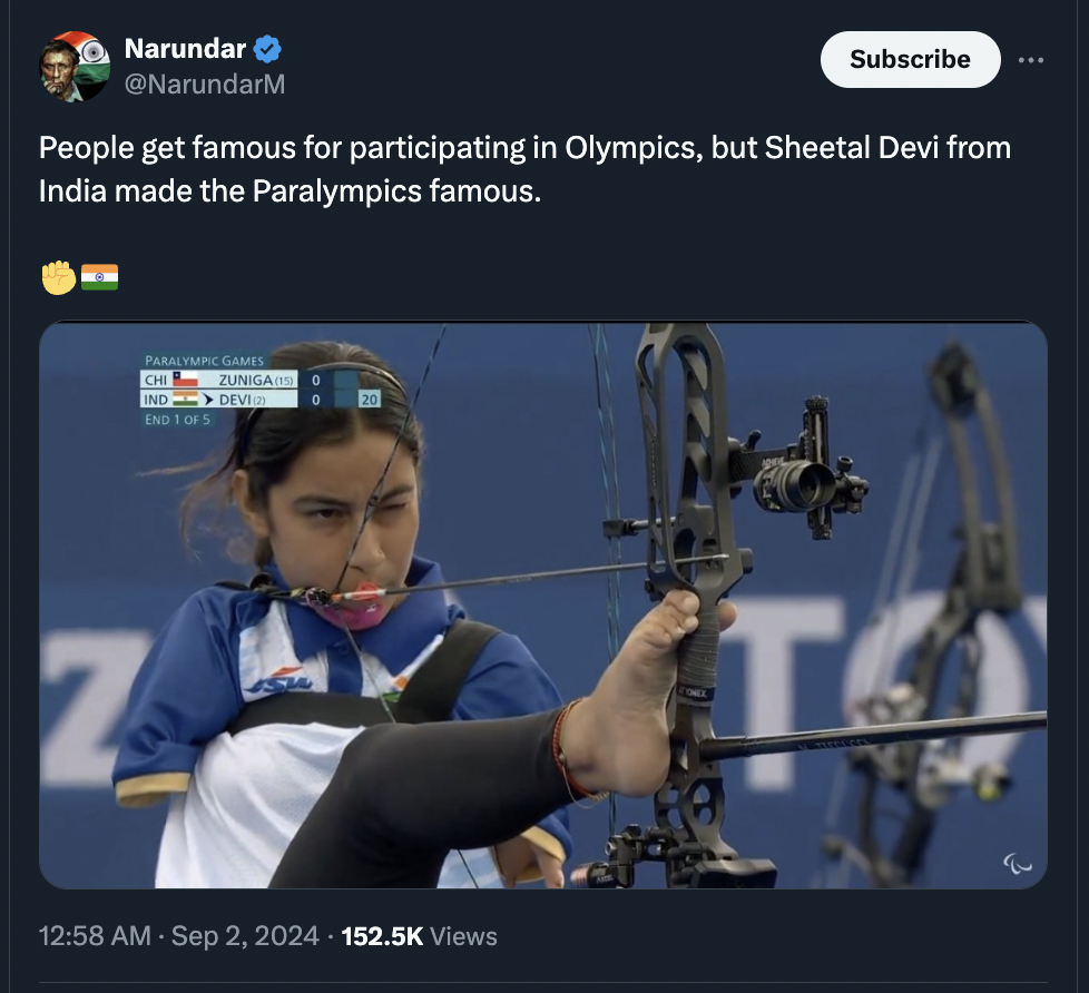 Sheetal Devi - Narundar Subscribe People get famous for participating in Olympics, but Sheetal Devi from India made the Paralympics famous. Paralympic Games Zuniga Chi Ind End 1 Of 5 Devi Z Views T